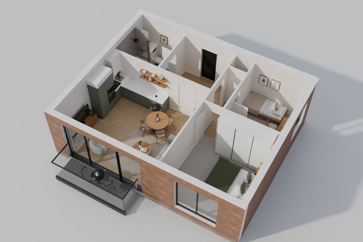 The sample flat as a 3D dollhouse, seen from above with the ceilings off