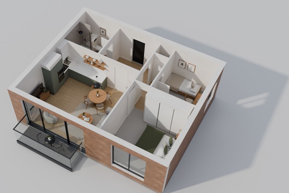 The sample flat as a 3D dollhouse, seen from above with the ceilings off